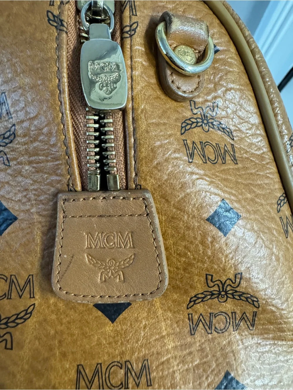 MCM Cognac Visetos Barrel Satchel with Gold Hardware